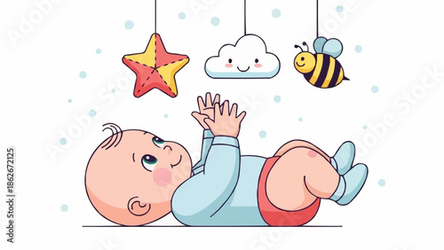 Adorable Baby Reaching for Hanging Toys with Joyful Expression.