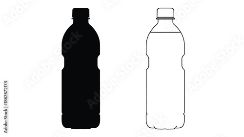 Two water bottles one black and one white in a stark silhouette