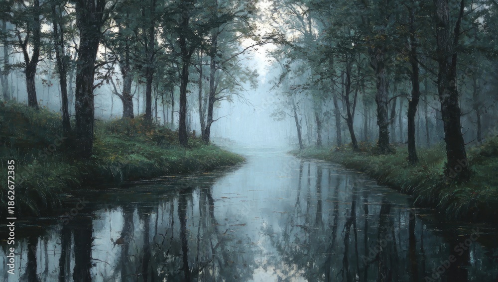 Obraz premium Misty forest waterway reflecting a serene morning