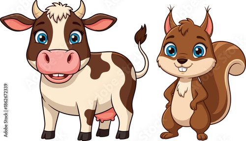Cute Cartoon Cow and Squirrel Characters, Happy Farm Dairy Cattle and Forest Animal Mascot Vector Illustration for Kids.