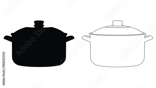 Two cooking pots depicted one in black silhouette