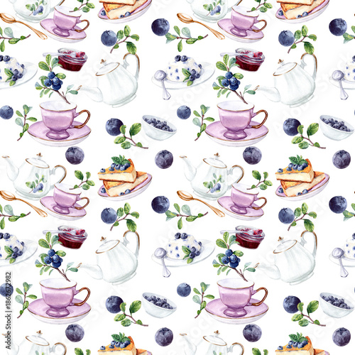 Watercolor painted seamless pattern with kitchen utensils for tea drinking with sweets