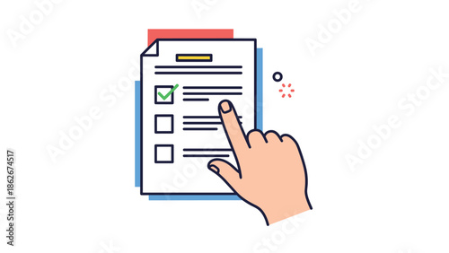 Hand pointing at a checklist document with a green checkmark, symbolizing task completion, survey, or successful planning.