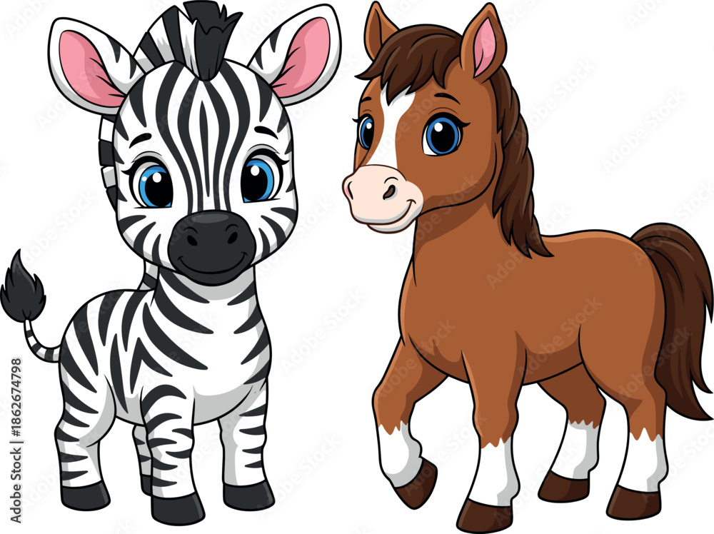 Fototapeta premium Cute Cartoon Baby Zebra and Horse Pony Characters Standing Together, Happy Animal Friends Mascot Vector Illustration for Kids.