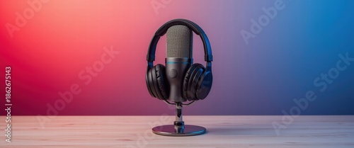 Professional podcasting equipment with microphone and headphones on stand