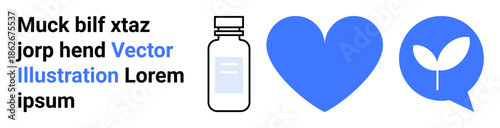 Health, medicine packaging, eco-friendly concepts, well-being, sustainability symbols, pharmaceutical care. Blue heart, medicine bottle and leaf sprout in a speech bubble. Health and eco-conscious
