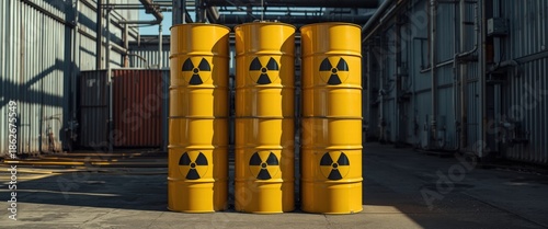 Radioactive barrels stacked in industrial area with warning signs