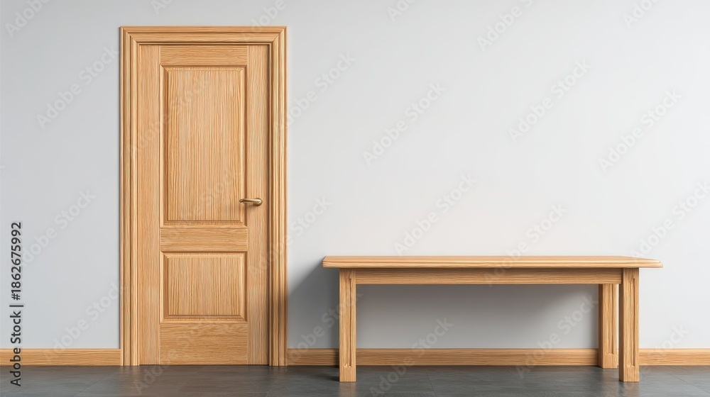 Fototapeta premium Wooden door and table against a white wall in a simple interior design