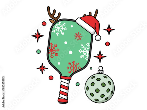 Festive Christmas Pickleball Paddle Vector Illustration with Snowflakes and Ornaments for Holiday Sports Fun