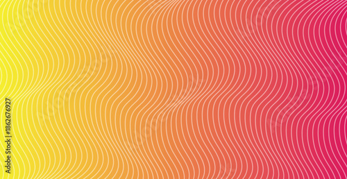 An artistic abstract background features a creative geometric pattern of colorful rainbow waves and bright pink lines over a vibrant orange vector texture backdrop