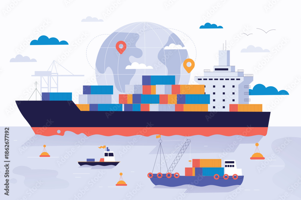 Fototapeta premium Large cargo ship with containers on the ocean for global shipping.