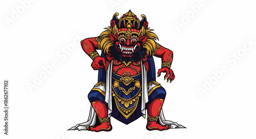 Illustration of a mythical creature with a fierce expression wearing a crown and ornate costume against a white background.