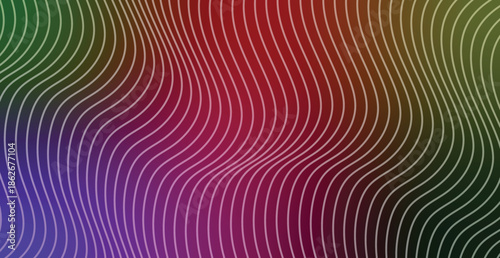 An artistic abstract background features a creative geometric pattern of colorful rainbow waves and bright pink lines over a vibrant orange vector texture backdrop