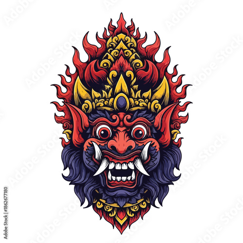 Vibrant illustration of a Balinese Barong mask with red, orange, and purple flames on a white background.