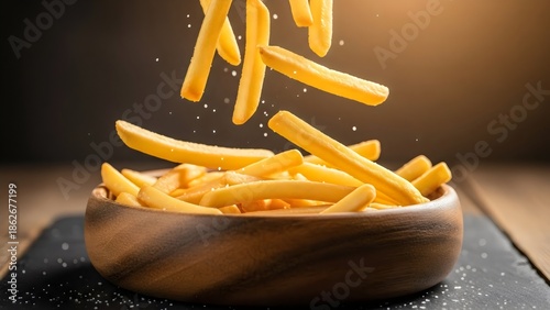 Hot crispy french fries splashing in oil, dynamic fast food motion isolated on dark background