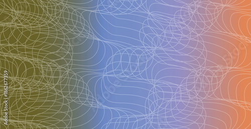 An artistic abstract background features a creative geometric pattern of colorful rainbow waves and bright pink lines over a vibrant orange vector texture backdrop