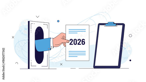 Digital document submission for the year 2026, with a hand emerging from a portal to deliver a file to a clipboard.