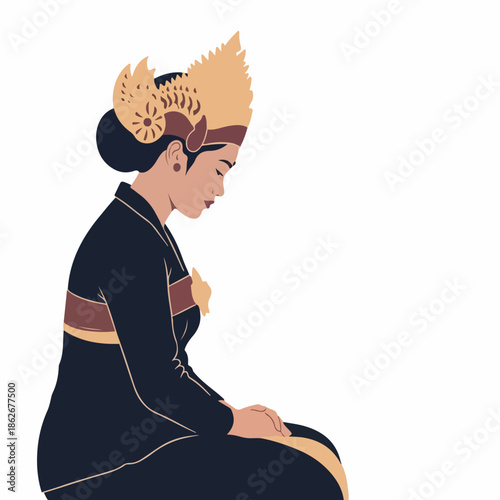 Illustration of a woman in traditional Balinese attire with a decorative headdress sitting in a serene pose against a clean white background.