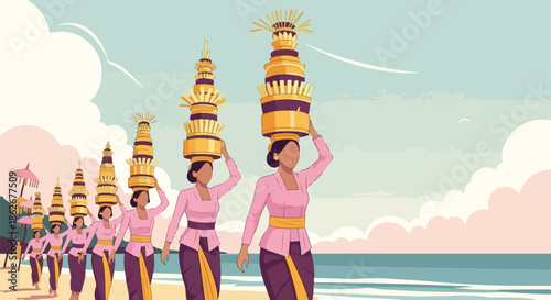 Illustration of women in traditional Balinese attire carrying ornate towers on their heads along a beach with a serene ocean and cloudy sky background.