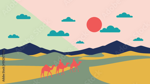 Camel caravan journeying through a desert landscape with mountains.