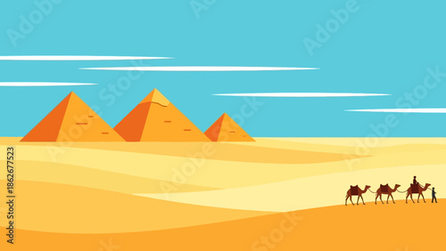 Camel caravan traveling through the desert with pyramids in the background.