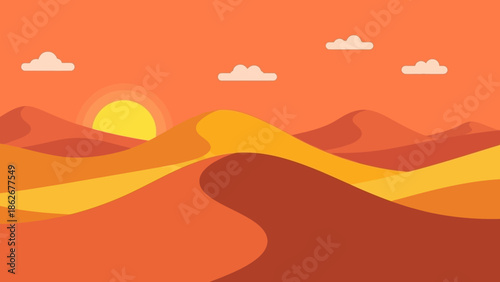 Desert landscape with sand dunes and orange sky at sunset.