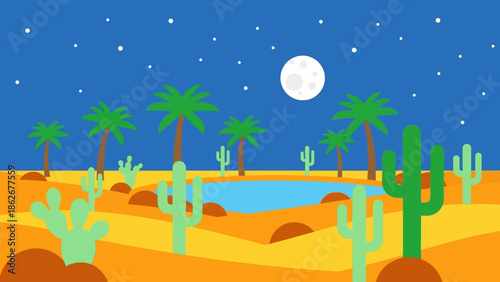 Desert Landscape with Palm Trees and Cacti under Night Sky.