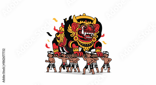 Traditional Balinese dance performance with a large Barong mask and male dancers in colorful costumes on a white background.