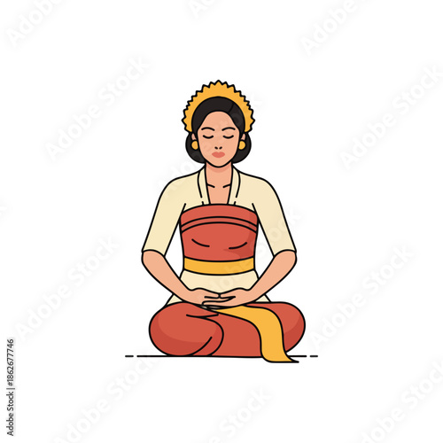 Illustration of a serene woman sitting cross-legged in traditional attire with hands on knees against a plain white background.