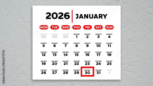 фотографія The date January 30th marked with a red cursor on the wall calendar 2026