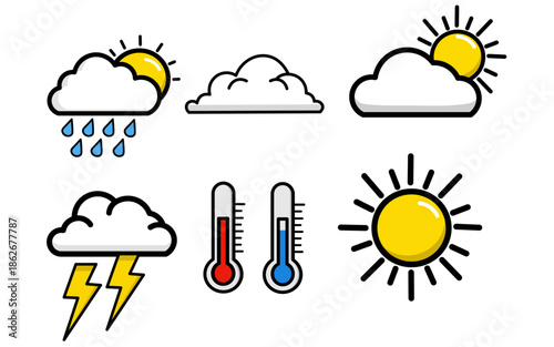 Colorful weather forecast icons collection with sun clouds rain lightning and thermometers