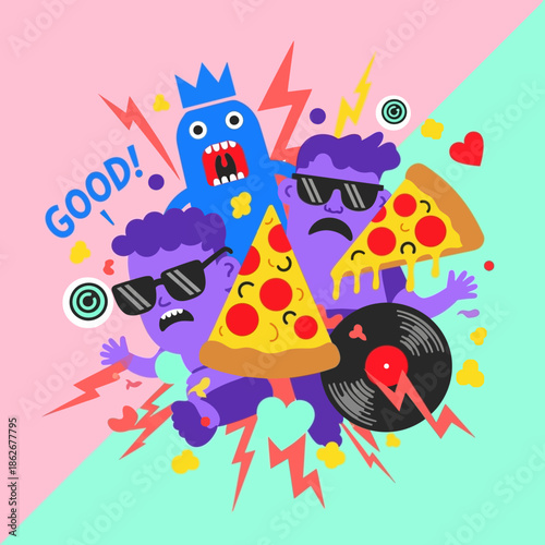 Vibrant cartoon monster enjoying pizza and vinyl record.
