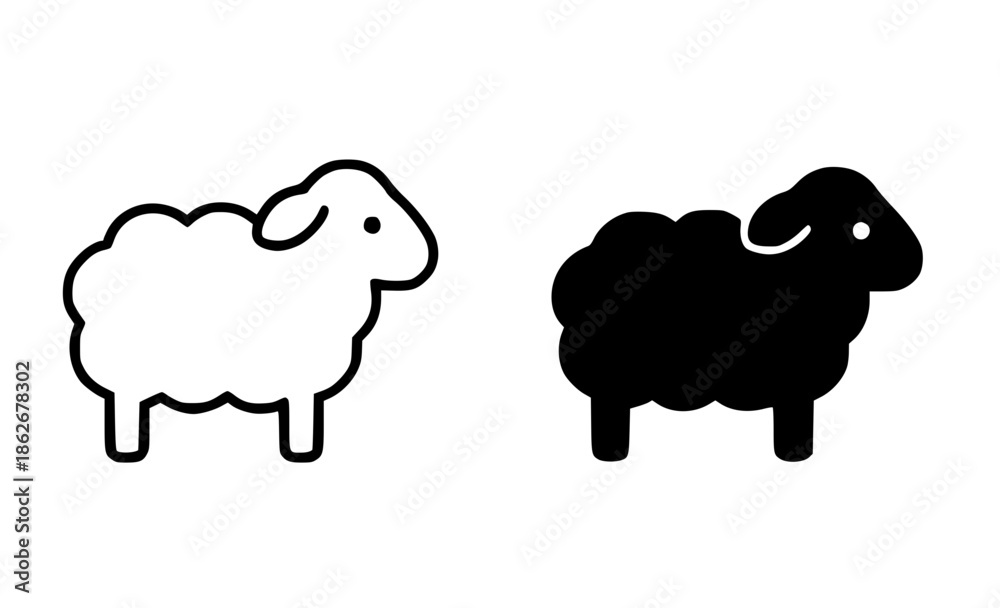 Fototapeta premium Sheep illustration icon, outline and silhouette