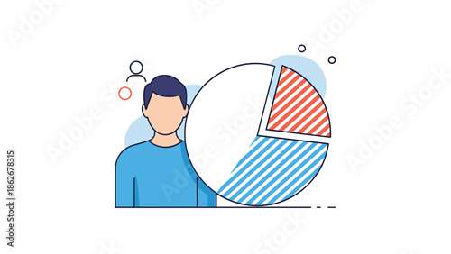 User persona icon with a pie chart, illustrating customer segmentation, data analysis, and market research for business.