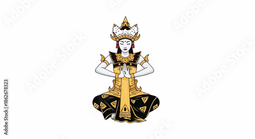 Illustration of a mythical female figure in a traditional costume with intricate gold and black details against a white background.