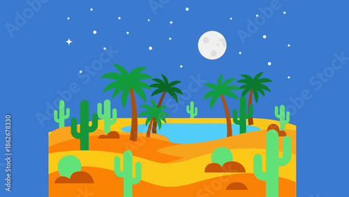 Desert landscape with palm trees and cacti under a starry night sky.