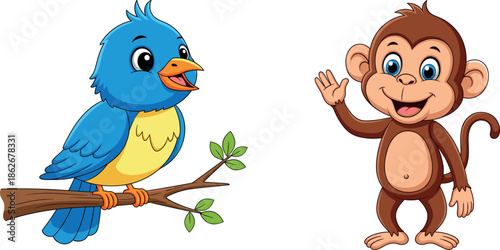 Cute cartoon illustration featuring a happy blue bird sitting on a tree branch next to a friendly, smiling monkey waving hello, perfect for children's greeting cards or educational themes.