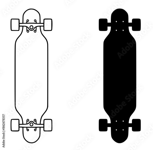 Longboard illustration icon, outline and silhouette
