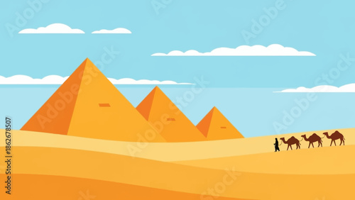 Desert landscape with pyramids and camels under a clear blue sky.