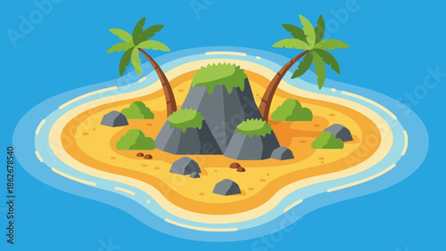 Tropical island with palm trees and rocky terrain surrounded by ocean.
