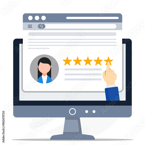 Computer screen showing a five stars online review with a womans picture, suitable for business presentations and marketing materials. Feedback approval.