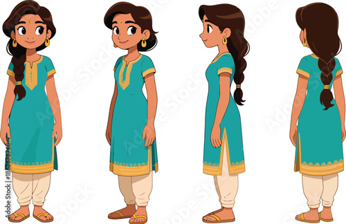 Young Indian Woman Character Turnaround in Traditional Kurta and Churidar – Front, Side, Back Views