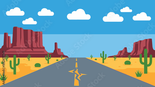 Desert Highway with Cacti and Rock Formations.