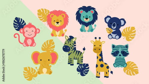 Colorful cartoon animals and tropical leaves in a playful illustration.