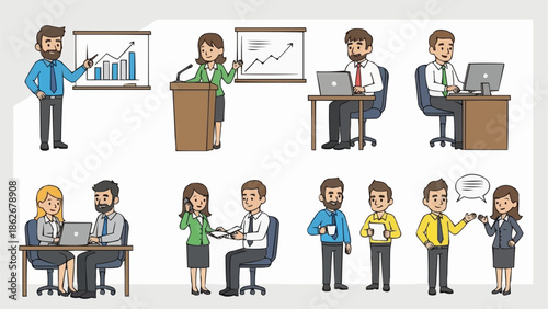 Diverse Business Professionals in Various Work Scenarios and Interactions.