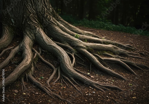 Ancient, strong roots twist through the soil, displaying resilient texture and genuine, unadulterated nature ,wild ,timber ,twisted