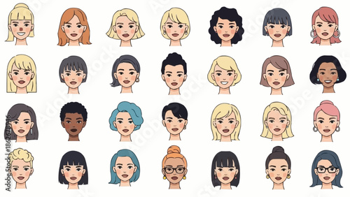 Diverse Collection of Womens Faces with Various Hairstyles and Features.