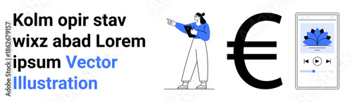 Woman using tablet, euro currency symbol, mobile screen with media controls and lotus graphic. Ideal for fintech, economy, mobile apps, technology, communication, business simple landing page