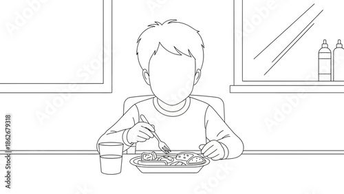 Boy eating meal at table, simple line drawing, focus on food and childhood