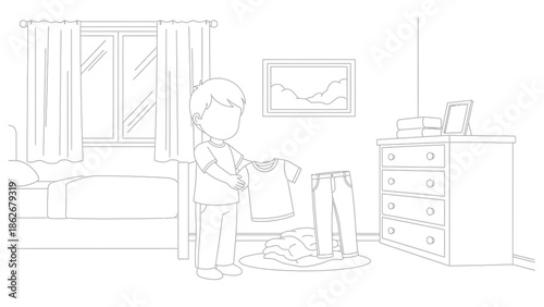 Boy Folding Clothes in Bedroom